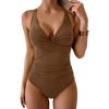 imageB2prity Womens One Piece Swimsuits Tummy Control Ruched Bathing Suit V Neck Tie Back Swimwear Wrap Swim SuitBrown