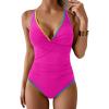 imageB2prity Womens One Piece Swimsuits Tummy Control Ruched Bathing Suit V Neck Tie Back Swimwear Wrap Swim SuitHot Pink Color Block
