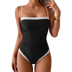imageB2prity One Piece Swimsuit for Women Tummy Control Slimming Bathing Suit Color Block Swim Suit Modest SwimwearBlack  White