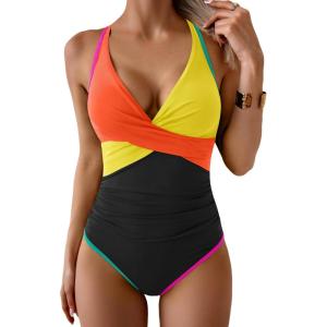 imageB2prity Womens One Piece Swimsuits Tummy Control Ruched Bathing Suit V Neck Tie Back Swimwear Wrap Swim SuitOrange Yellow Black