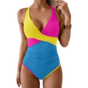 imageB2prity Womens One Piece Swimsuits Tummy Control Ruched Bathing Suit V Neck Tie Back Swimwear Wrap Swim SuitYellow Pink Blue
