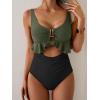imageB2prity Womens One Piece Swimsuit Tummy Control Ruffled Bathing Suit V Neck Cutout Swim Suit Tie Back SwimwearArmy Green  Black
