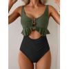 imageB2prity Womens One Piece Swimsuit Tummy Control Ruffled Bathing Suit V Neck Cutout Swim Suit Tie Back SwimwearArmy Green  Black
