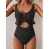 imageB2prity Womens One Piece Swimsuit Tummy Control Ruffled Bathing Suit V Neck Cutout Swim Suit Tie Back SwimwearBlack