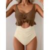 imageB2prity Womens One Piece Swimsuit Tummy Control Ruffled Bathing Suit V Neck Cutout Swim Suit Tie Back SwimwearBrown  White