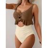 imageB2prity Womens One Piece Swimsuit Tummy Control Ruffled Bathing Suit V Neck Cutout Swim Suit Tie Back SwimwearBrown  White