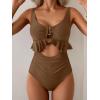 imageB2prity Womens One Piece Swimsuit Tummy Control Ruffled Bathing Suit V Neck Cutout Swim Suit Tie Back SwimwearCoffee