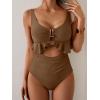 imageB2prity Womens One Piece Swimsuit Tummy Control Ruffled Bathing Suit V Neck Cutout Swim Suit Tie Back SwimwearCoffee