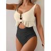 imageB2prity Womens One Piece Swimsuit Tummy Control Ruffled Bathing Suit V Neck Cutout Swim Suit Tie Back SwimwearCream  Black