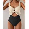 imageB2prity Womens One Piece Swimsuit Tummy Control Ruffled Bathing Suit V Neck Cutout Swim Suit Tie Back SwimwearCream  Black