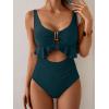 imageB2prity Womens One Piece Swimsuit Tummy Control Ruffled Bathing Suit V Neck Cutout Swim Suit Tie Back SwimwearDark Green