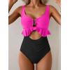 imageB2prity Womens One Piece Swimsuit Tummy Control Ruffled Bathing Suit V Neck Cutout Swim Suit Tie Back SwimwearHot Pink  Black