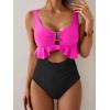 imageB2prity Womens One Piece Swimsuit Tummy Control Ruffled Bathing Suit V Neck Cutout Swim Suit Tie Back SwimwearHot Pink  Black