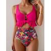 imageB2prity Womens One Piece Swimsuit Tummy Control Ruffled Bathing Suit V Neck Cutout Swim Suit Tie Back SwimwearHot Pink  Floral