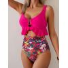imageB2prity Womens One Piece Swimsuit Tummy Control Ruffled Bathing Suit V Neck Cutout Swim Suit Tie Back SwimwearHot Pink  Floral