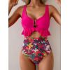 imageB2prity Womens One Piece Swimsuit Tummy Control Ruffled Bathing Suit V Neck Cutout Swim Suit Tie Back SwimwearHot Pink  Floral