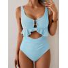 imageB2prity Womens One Piece Swimsuit Tummy Control Ruffled Bathing Suit V Neck Cutout Swim Suit Tie Back SwimwearLight Blue