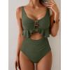 imageB2prity Womens One Piece Swimsuit Tummy Control Ruffled Bathing Suit V Neck Cutout Swim Suit Tie Back SwimwearOlive Green