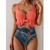 imageB2prity Womens One Piece Swimsuit Tummy Control Ruffled Bathing Suit V Neck Cutout Swim Suit Tie Back SwimwearPink  Leaf Print