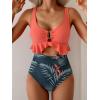imageB2prity Womens One Piece Swimsuit Tummy Control Ruffled Bathing Suit V Neck Cutout Swim Suit Tie Back SwimwearPink  Leaf Print