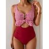 imageB2prity Womens One Piece Swimsuit Tummy Control Ruffled Bathing Suit V Neck Cutout Swim Suit Tie Back SwimwearRed White Plaid