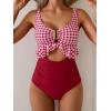 imageB2prity Womens One Piece Swimsuit Tummy Control Ruffled Bathing Suit V Neck Cutout Swim Suit Tie Back SwimwearRed White Plaid