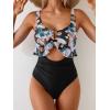 imageB2prity Womens One Piece Swimsuit Tummy Control Ruffled Bathing Suit V Neck Cutout Swim Suit Tie Back SwimwearWhite and Green Print
