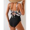 imageB2prity Womens One Piece Swimsuit Tummy Control Ruffled Bathing Suit V Neck Cutout Swim Suit Tie Back SwimwearWhite and Green Print