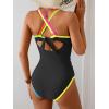 imageB2prity Womens One Piece Swimsuit Tummy Control Slimming Bathing Suit V Neck Neon Color Block Tie Back SwimwearBlack  Orange Pink Seams