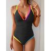 imageB2prity Womens One Piece Swimsuit Tummy Control Slimming Bathing Suit V Neck Neon Color Block Tie Back SwimwearBlack  Orange Pink Seams