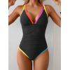 imageB2prity Womens One Piece Swimsuit Tummy Control Slimming Bathing Suit V Neck Neon Color Block Tie Back SwimwearBlack  Orange Pink Seams