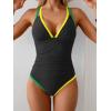 imageB2prity Womens One Piece Swimsuit Tummy Control Slimming Bathing Suit V Neck Neon Color Block Tie Back SwimwearBlack  Yellow Green Seams