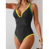 imageB2prity Womens One Piece Swimsuit Tummy Control Slimming Bathing Suit V Neck Neon Color Block Tie Back SwimwearBlack  Yellow Green Seams