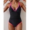 imageB2prity Womens One Piece Swimsuit Tummy Control Slimming Bathing Suit V Neck Neon Color Block Tie Back SwimwearBlack  Yellow Pink Aqua Seams