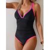 imageB2prity Womens One Piece Swimsuit Tummy Control Slimming Bathing Suit V Neck Neon Color Block Tie Back SwimwearBlack  Yellow Pink Aqua Seams