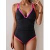 imageB2prity Womens One Piece Swimsuit Tummy Control Slimming Bathing Suit V Neck Neon Color Block Tie Back SwimwearBlack  Yellow Pink Aqua Seams
