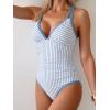 imageB2prity Womens One Piece Swimsuit Tummy Control Slimming Bathing Suit V Neck Neon Color Block Tie Back SwimwearBlack Stripe