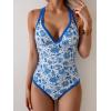 imageB2prity Womens One Piece Swimsuit Tummy Control Slimming Bathing Suit V Neck Neon Color Block Tie Back SwimwearBlue Floral  Blue Seams