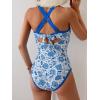 imageB2prity Womens One Piece Swimsuit Tummy Control Slimming Bathing Suit V Neck Neon Color Block Tie Back SwimwearBlue Floral  Blue Seams