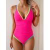 imageB2prity Womens One Piece Swimsuit Tummy Control Slimming Bathing Suit V Neck Neon Color Block Tie Back SwimwearPink  Yellow Green Seams