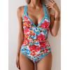 imageB2prity Womens One Piece Swimsuit Tummy Control Slimming Bathing Suit V Neck Neon Color Block Tie Back SwimwearRed Floral