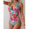 imageB2prity Womens One Piece Swimsuit Tummy Control Slimming Bathing Suit V Neck Neon Color Block Tie Back SwimwearRed Floral