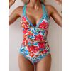 imageB2prity Womens One Piece Swimsuit Tummy Control Slimming Bathing Suit V Neck Neon Color Block Tie Back SwimwearRed Floral