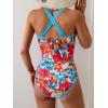 imageB2prity Womens One Piece Swimsuit Tummy Control Slimming Bathing Suit V Neck Neon Color Block Tie Back SwimwearRed Floral