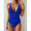 imageB2prity Womens One Piece Swimsuit Tummy Control Slimming Bathing Suit V Neck Neon Color Block Tie Back SwimwearRoyal Blue