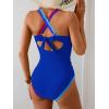 imageB2prity Womens One Piece Swimsuit Tummy Control Slimming Bathing Suit V Neck Neon Color Block Tie Back SwimwearRoyal Blue