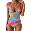 imageB2prity Womens One Piece Swimsuit Tummy Control Slimming Bathing Suit V Neck Neon Color Block Tie Back SwimwearGreen Tie Dye