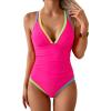 imageB2prity Womens One Piece Swimsuit Tummy Control Slimming Bathing Suit V Neck Neon Color Block Tie Back SwimwearPink  Yellow Green Seams