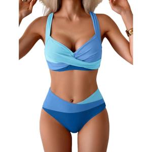 imageB2prity Bikini Sets for Women Two Piece Swimsuit High Waisted Color Block Bathing Suit Tie Back SwimwearBlue Color Block