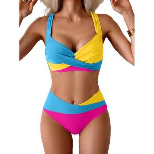 imageB2prity Bikini Sets for Women Two Piece Swimsuit High Waisted Color Block Bathing Suit Tie Back SwimwearBlue Yellow Pink